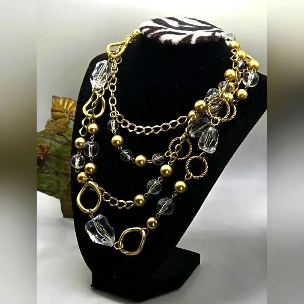 "5/$40" Gold Tone Acrylic Bead Crystal Circle Station Long Adjustable Necklace